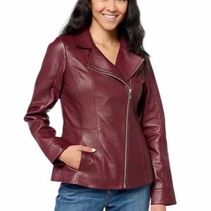 NWOT Studio D&Co Moto Lambskin Large Leather Biker Jacket Maroon Full Zip